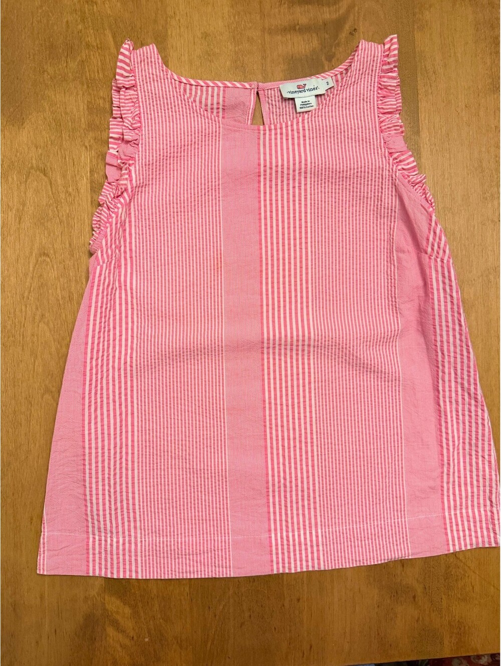 Vineyard Vines Seersucker Variegated Blouse Ruffle Top Pink Shirt Size 2 #2W2055